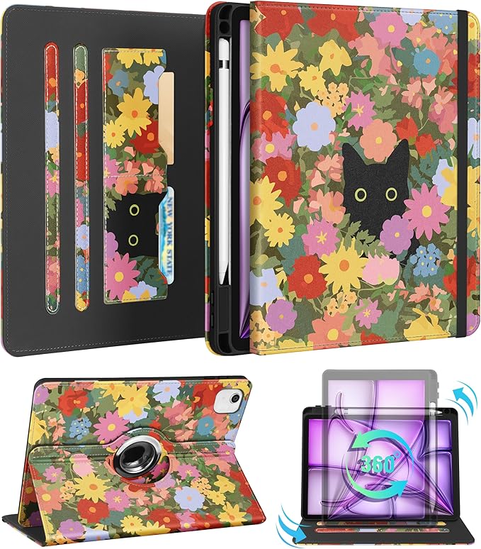 Kidcube for iPad Air 13 Inch Case (M3/M2)/for iPad Pro 12.9 Cases 6th/5th (2022/2021) - Women Girls Cute Rotating Stand Folio Cover with Pencil Holder & Card Slot Design Girly Kawaii Cat Flower Cover