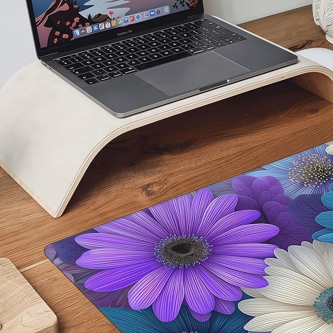 Vibrant Purple Daisy Mouse Pad, Large Desk Mat with Colorful Floral Design, 35.4 x 15.7 Inches, Rubber Base for Office, Gaming, and Laptop