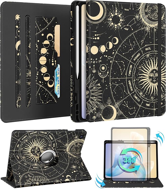 Kidcube for Samsung Galaxy Tab A9 Plus Case 11 Inch - for Women Girls Cute Rotating Stand Folio Cover with Pencil Holder & Card Slot Girly Sun Moon Stars Design Teens for Samsung A9 Plus Tablet Cases