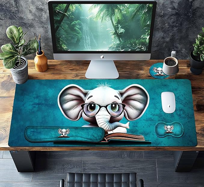4-Piece Extended Large Mouse Pad Set for Women Men with Elephant Design Includes 35.4 x 15.7 XXL Large Mouse Pad Keyboard Wrist Rest Mouse Wrist Support and Coaster for Office Home
