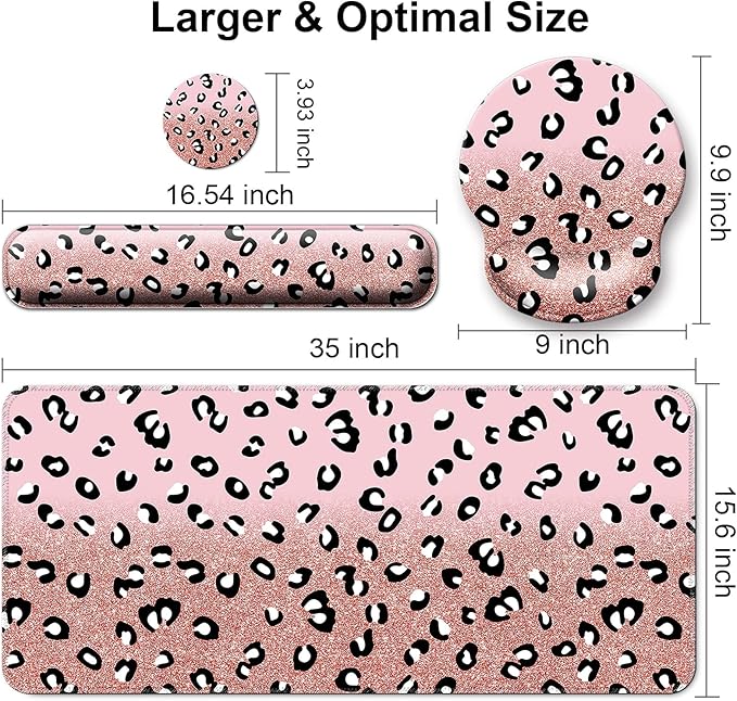 Mouse Pad + Desk Mat + Keyboard Wrist Rest + Coaster 4 in 1 Set, Cute Ergonomic Large Gaming Mousepad with Wrist Rest Support Desk Pad for Computer Laptop Office Home Decor-Glittery Leopards