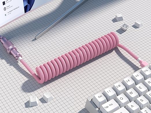 Ranked Coiled Keyboard Cable | Handcrafted Double-Sleeved Braided Cable | USB Type C to A | 5-Pin Aviator Connector for Custom Mechanical Gaming Keyboard | Support Fast Charge 20W (Pink)