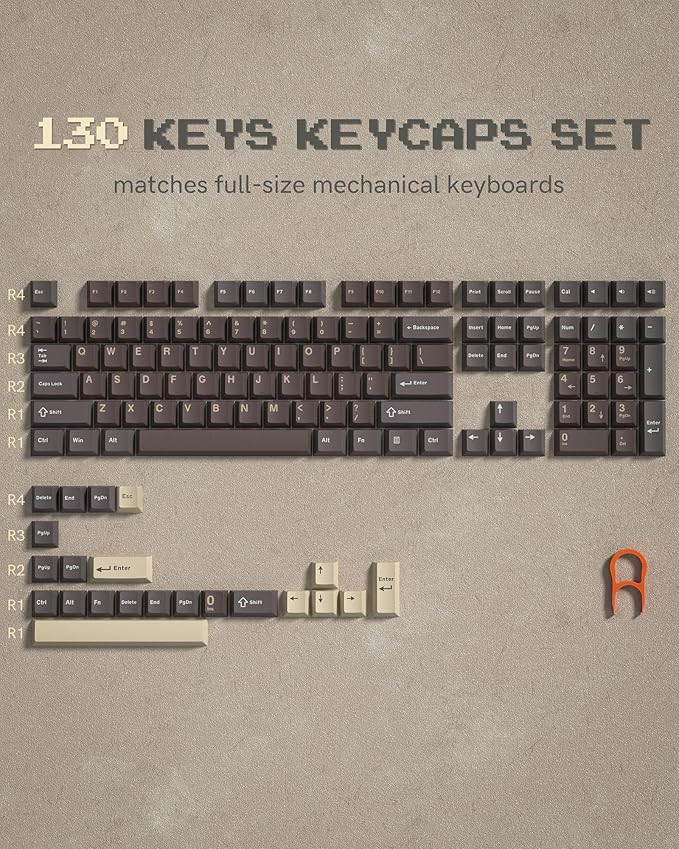 Double Shot PBT Keycaps Set 130 Keys, Cherry Profile Custom Keycaps 60 65 75 100 Percent for 61/64/68/84/87/100/104/108 Retro Gaming Mechanical Keyboard, Brown Coffee