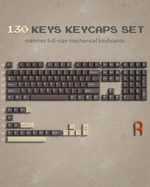 Double Shot PBT Keycaps Set 130 Keys, Cherry Profile Custom Keycaps 60 65 75 100 Percent for 61/64/68/84/87/100/104/108 Retro Gaming Mechanical Keyboard, Brown Coffee