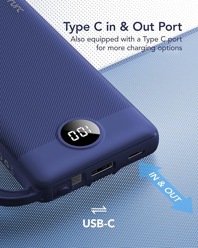 VRURC Portable Charger for iPhone, USB C Power Bank 10000mAh, Slim Travel Battery Pack Built in Cables & Lanyard, 5 Output 2 Input Portable Phone Charger for iPhone 17 16 15 14 13, Samsung-Navy