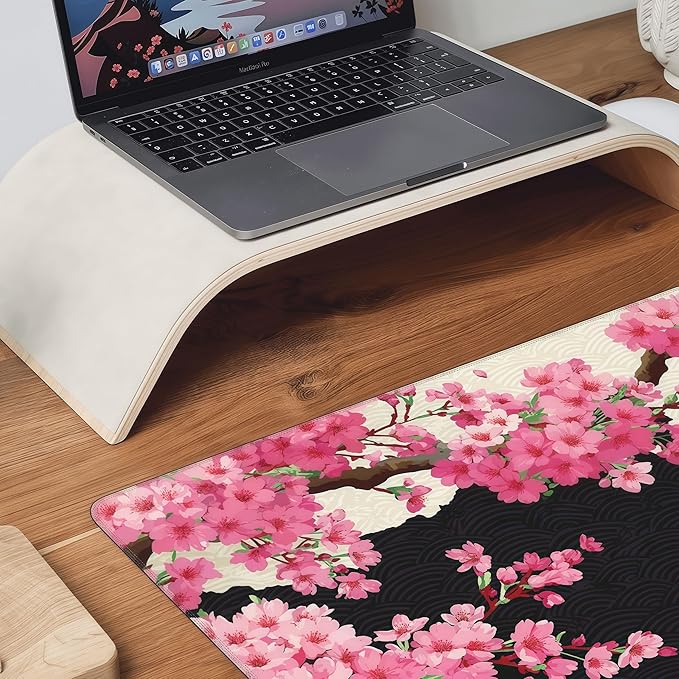 Extra Large Mouse Pad, Cherry Blossom Floral Pattern, Non-Slip Rubber Base, 35.4 x 15.7 Inches, Rectangular Desk Pad