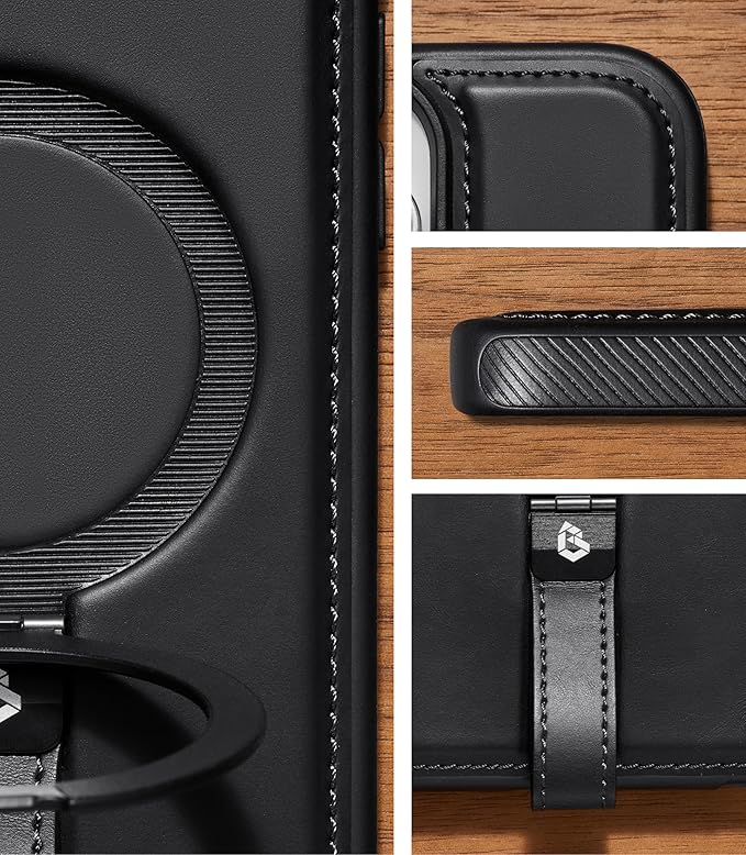 Butaiga for iPhone 17 Leather Case with Stand, Anti-Slip Grip Ring, Fits for MagSafe (Black, iPhone 17)
