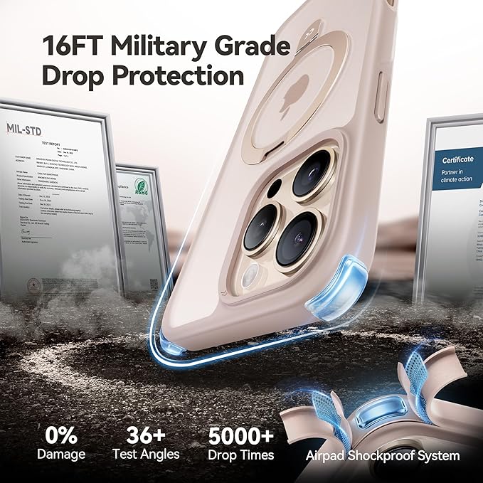 CASEKOO Ultra-Magnetic Stand for iPhone 16 Pro Max Case [Military Drop Protection] [Compatible with MagSafe] Shockproof Translucent Matte Slim Ring Holder Case for iPhone 16 ProMax 6.9", Gold
