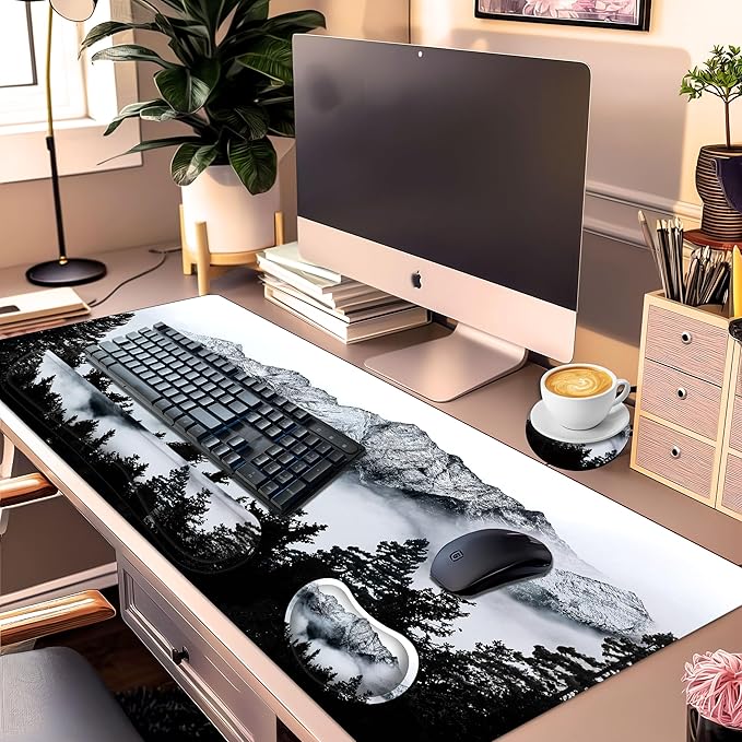 Large Gaming Mouse Pad Set 35.4 x 15.7 with Keyboard Wrist Rest, Wrist Support, and Coaster Memory Foam Smooth Desk Pad Mousepad for Home Office School - Mountain Forest