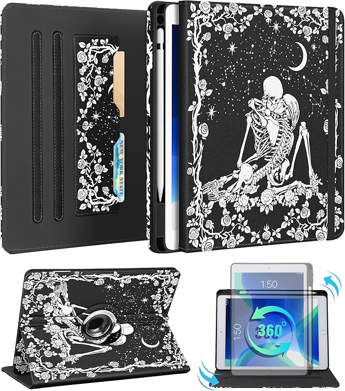 Kidcube for iPad 9th/8th/7th Generation Case 10.2 Inch - for Women Girls Cute Rotating Stand Folio Cover with Pencil Holder & Card Slot Goth Skull Floral Unique Design for iPad 9th/8th/7th Gen Cases