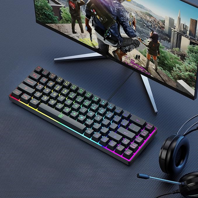 Snpurdiri 60% Gaming Keyboard, Rainbow Backlit Mini Membrane Keyboard for Windows PC Gamers(68 Keys, Black Rainbow)