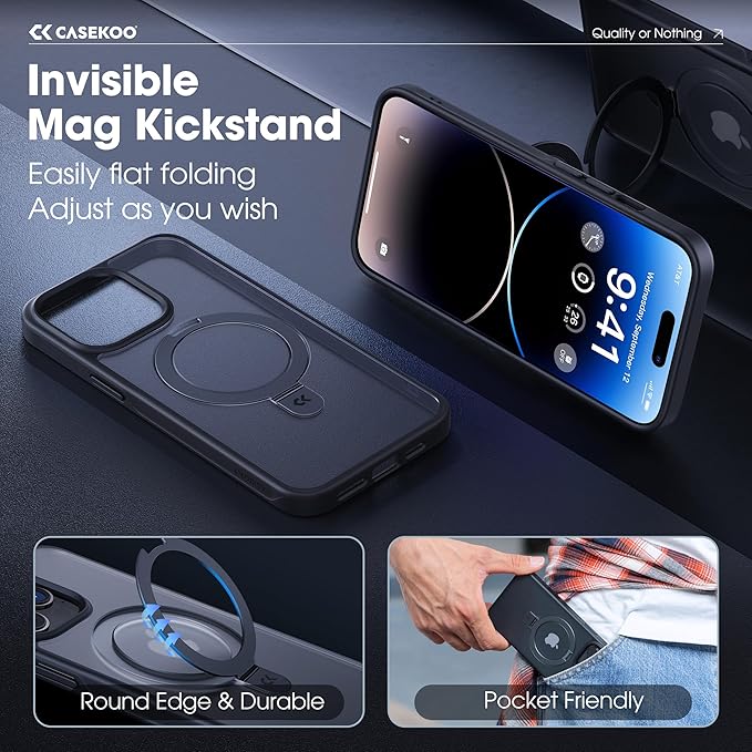 CASEKOO Designed for iPhone 14 Pro Case with Magnetic Invisible Stand [Military Drop Protection] [Compatible with MagSafe] Shockproof Slim Matte Translucent Pro Case 6.1 Inch, Black