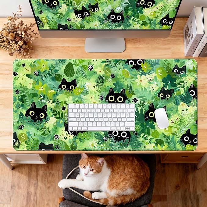 Desk Cover Mat, Extended Large Anime Mouse Pad, Computer Laptop Mat Desk Decor for Office Game Home 31.5 X 15.7 Inch (Green Plant Cat)