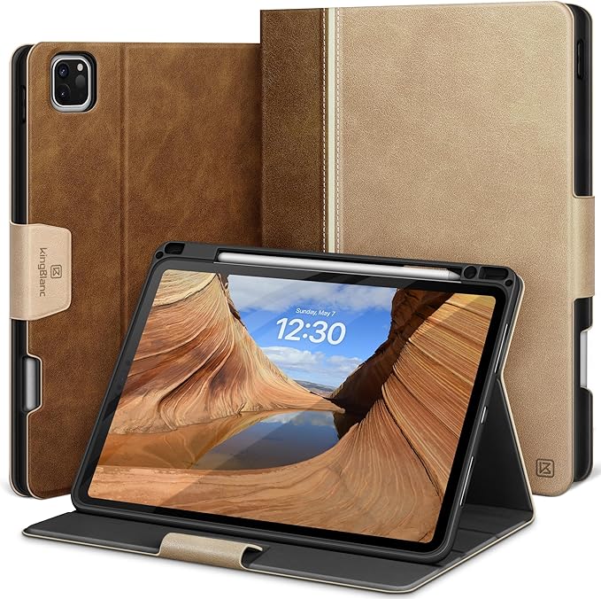 KingBlanc Case for iPad Pro 11 inch (M5 2025/M4 2024) with Pencil Holder, Vegan Leather Smart Stand Cover, Auto Sleep Wake, Support Pencil Pro/(USB-C), Viewing/Typing Angle, Durable Protection, Beige
