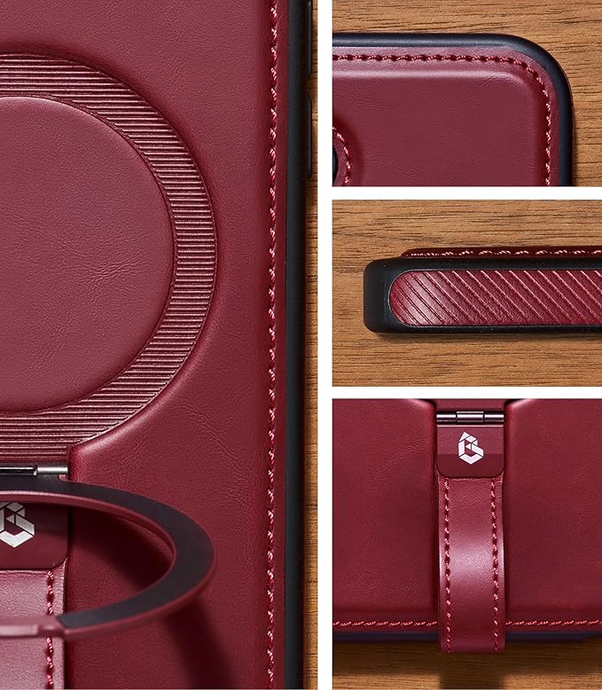 Butaiga for iPhone 17 Leather Case with Stand, Anti-Slip Grip Ring, Fits for MagSafe (Burgundy, iPhone 17)