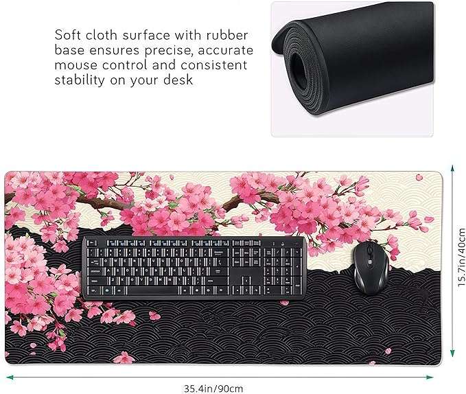 Extra Large Mouse Pad, Cherry Blossom Floral Pattern, Non-Slip Rubber Base, 35.4 x 15.7 Inches, Rectangular Desk Pad
