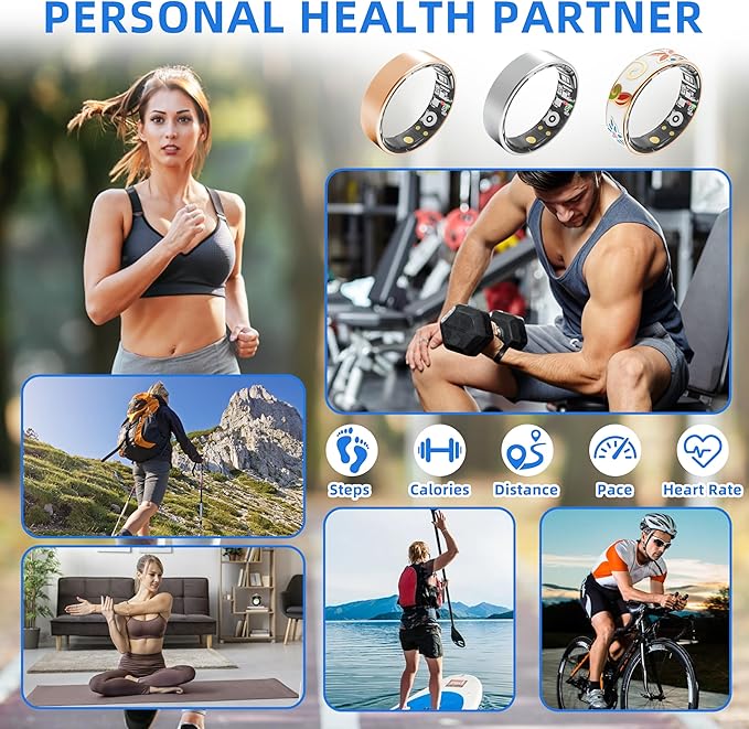 Smart Ring Health Tracking, Sleep Tracking, Heart Rate, Blood Oxygen, Blood Pressure，Fitness Ring, Activity Monitoring, 5 Days Battery, 5ATM Waterproof, No Subscription (Silver, 12#)