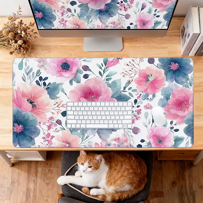 Desk Cover Mat, Floral Large Mouse Pad, Computer Laptop Mat Desk Decor for Women Girls 31.5 X 15.7 Inch (Watercolor Pink Flowers)