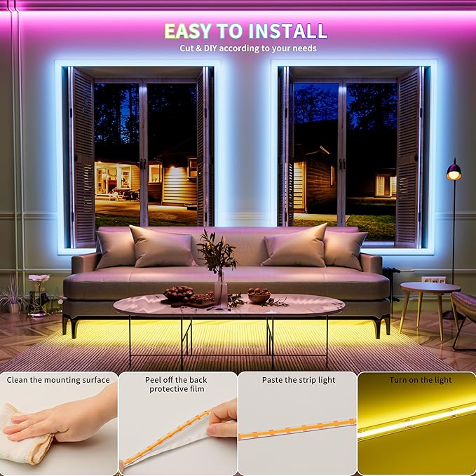 PAUTIX 5V USB RGB COB LED Strip Light 4.92ft/1.5m Color Changing Strip Lights,TV Backlight Multicolor Flexible Under Cabinet Tape Lights with Bluetooth Control for Bedroom,Kitchen,Home DIY Lighting