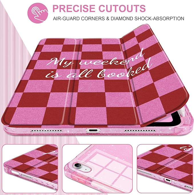 DONGKE for iPad Pro 11 inch Case – Fits M5 2025 / M4 2024, Shockproof Sparkling Glitter Acrylic Back, Pencil Holder, Trifold Stand, Auto Sleep/Wake & Touch ID Support - Red Checkerboard