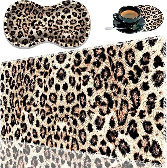 Durable Desk Mat + Wrist Rest Pad + Coasters Set, Large Gaming Office Mouse Pad 31.5 "x 11.8", Extended Non-Slip Rubber Keyboard Pad, Laptop & Home, Leopard Print Pattern