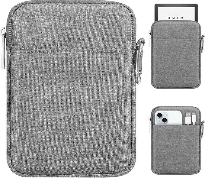MoKo Padded Ereader Sleeve Case for 6-7 inch Tablet Sleeve Bag Protective Cover Pouch with a Carabiner, Compatible with 7" eReader Colorsoft Signature Edition 2024, 7" Paperwhite 12th, Light Gray