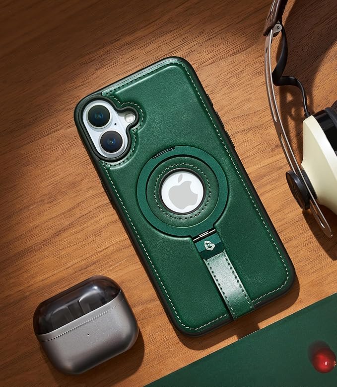 Butaiga for iPhone 16 Leather Case with Stand, Anti-Slip Grip Ring, Fits for MagSafe (Green, iPhone 16)