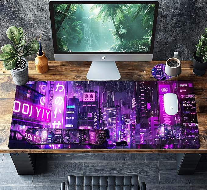 4-Piece Extended Large Mouse Pad Set for Women Men with Purple Anime Design Includes 35.4 x 15.7 XXL Large Mouse Pad Keyboard Wrist Rest Mouse Wrist Support and Coaster for Office Home