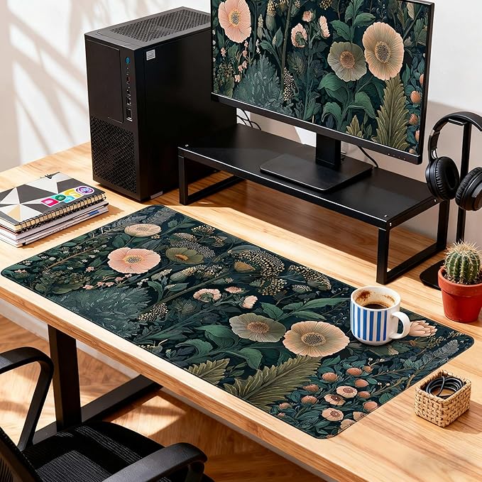 Desk Cover Mat, Cute XXL Large Mouse Pad, Computer Laptop Mat Desk Decor for Office Game Home 31.5 X 15.7 Inch (Black Weeds)