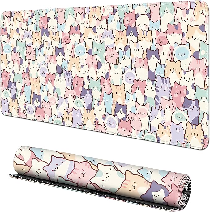 Cute Colorful Cats Large Gaming Mouse Pad for Desk,XL Big Mouse Pad Gaming Mat,Mousepad Desk Pad with Non-Slip Base and Stitched Edges,Keyboard Mouse Mat for Home Office Work,31.5 x 11.8 in