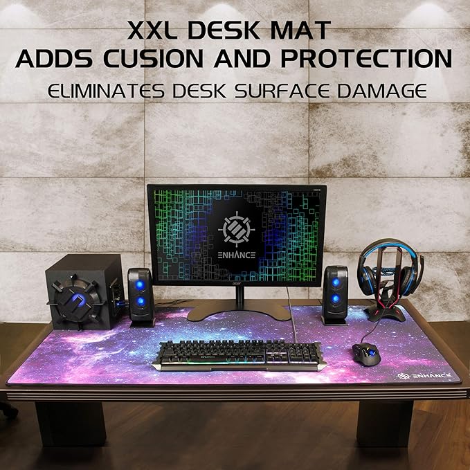 ENHANCE XXXL Gaming Computer Desk Mat - 3XL Large Mouse Mat (48x24 Mouse Pad) Cushion Padding for Office Desk, Extended Table Mousepad with Smooth Tracking Surface and Non-Slip Rubber Grip - Galaxy
