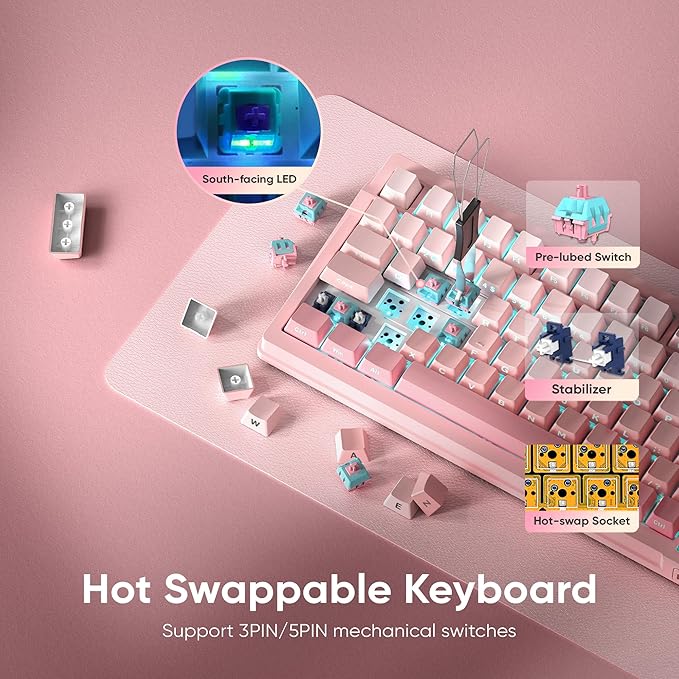 RedThunder K95 Wireless Mechanical Keyboard, TFT Screen & Knob, Triple-Mode, Custom Gasket Mount Hot-Swap, Pre-lubed Linear Pink Switches, RGB Backlit, Side-Printed PBT Keycaps, Gradient Sakura Pink