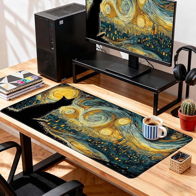 Desk Cover Mat, Extended Large Anime Mouse Pad, Computer Laptop Mat Desk Decor for Office Game Home 31.5 X 15.7 Inch (Starry Night Cat)