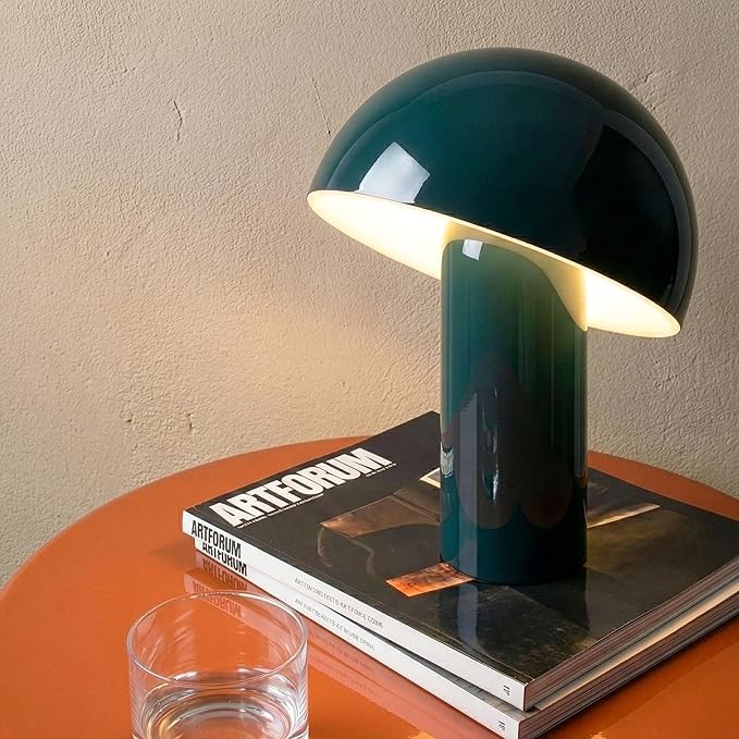 Brightech Celia Small Table Lamp – 10" Touch-Controlled Mushroom Desk Lamp, Cordless & Dimmable LED, Portable Bedside Night Light, Sustainable Light, Recycled Modern Patio Lamp for Home Décor – Teal