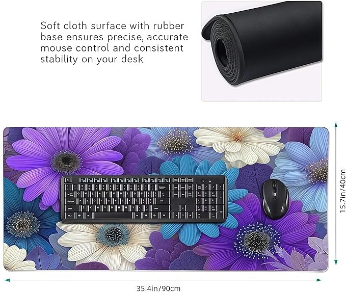 Vibrant Purple Daisy Mouse Pad, Large Desk Mat with Colorful Floral Design, 35.4 x 15.7 Inches, Rubber Base for Office, Gaming, and Laptop
