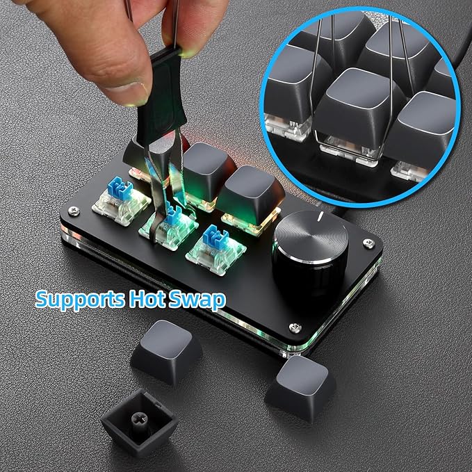 Koolertron Macro Programmable Keypad, One Handed Programmable Mechanical Keyboard, RGB Blue Switch Hot Swappable, 6 Keys 1 Knob Backlit Keypad for Working and Gaming, Black