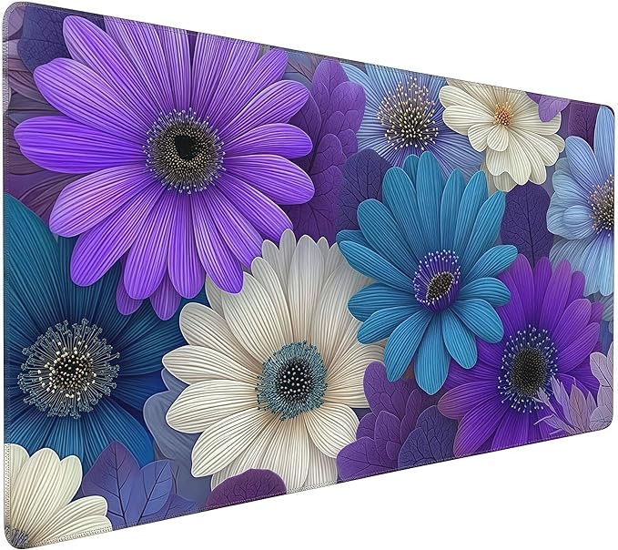 Vibrant Purple Daisy Mouse Pad, Large Desk Mat with Colorful Floral Design, 35.4 x 15.7 Inches, Rubber Base for Office, Gaming, and Laptop