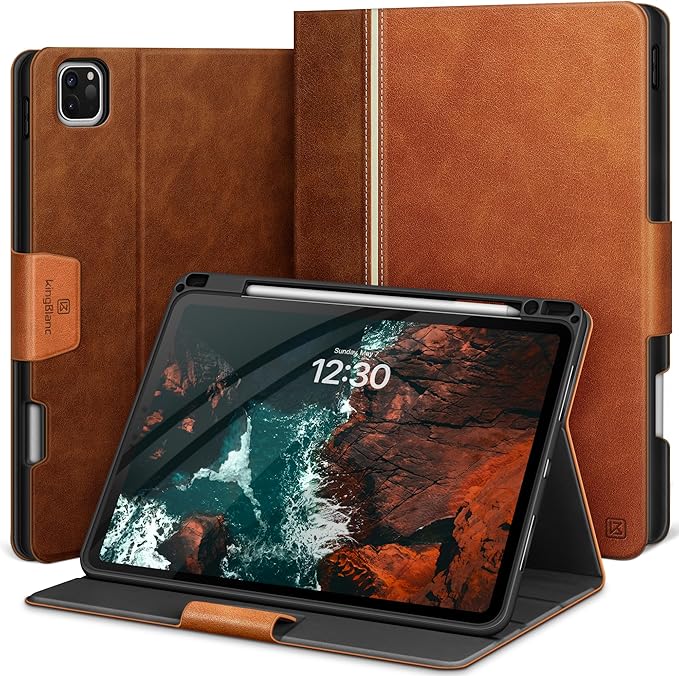KingBlanc Case for iPad Pro 11 inch (M5 2025/M4 2024) with Pencil Holder, Vegan Leather Smart Stand Cover, Auto Sleep Wake, Support Pencil Pro/(USB-C), Viewing/Typing Angle, Durable Protection, Brown