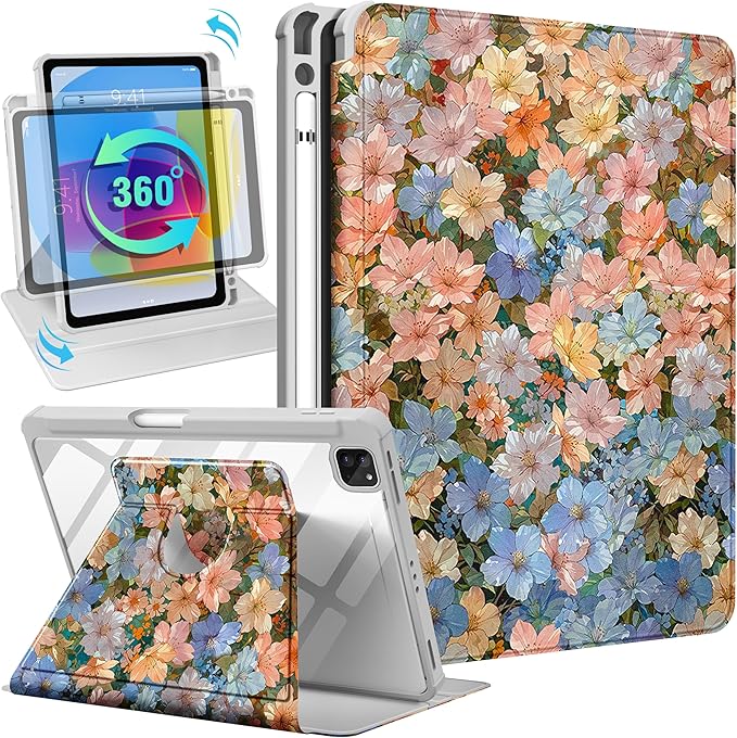 Uppuppy for iPad Air 11 inch Case(Air M4 2026, 8th Gen/M3 2025/M2)/Air 5th/4th Gen 10.9", for iPad Pro 11 inch Case(4th/3rd/2nd/1st Gen) - 360 Rotating Smart Folio Cover with Pencil Holder, Floral