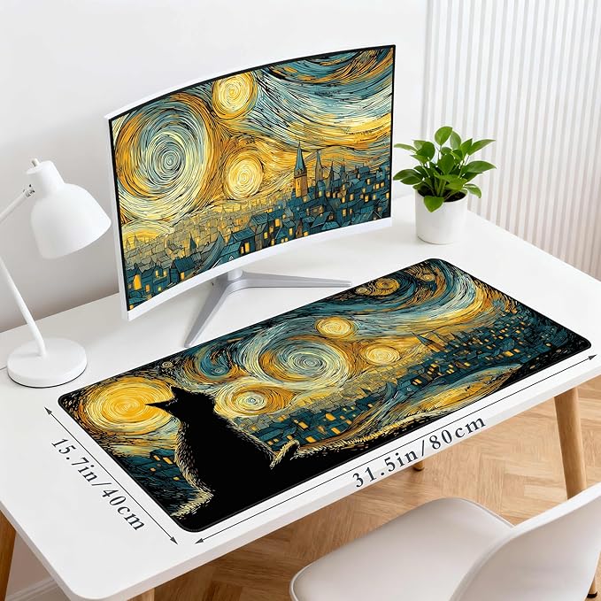 Desk Cover Mat, Extended Large Anime Mouse Pad, Computer Laptop Mat Desk Decor for Office Game Home 31.5 X 15.7 Inch (Starry Night Cat)