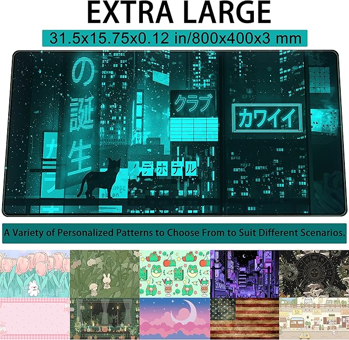 Cyan Green Japanese Desk Mat, Neon Tokyo Extended Mouse Pad Anime Cat Desk Pad, Gaming Mousepad XXL, Large Keyboard Mat for Gamers, Cool Computer Mat for Desk with Stitched Edges 31.5X15.7 in