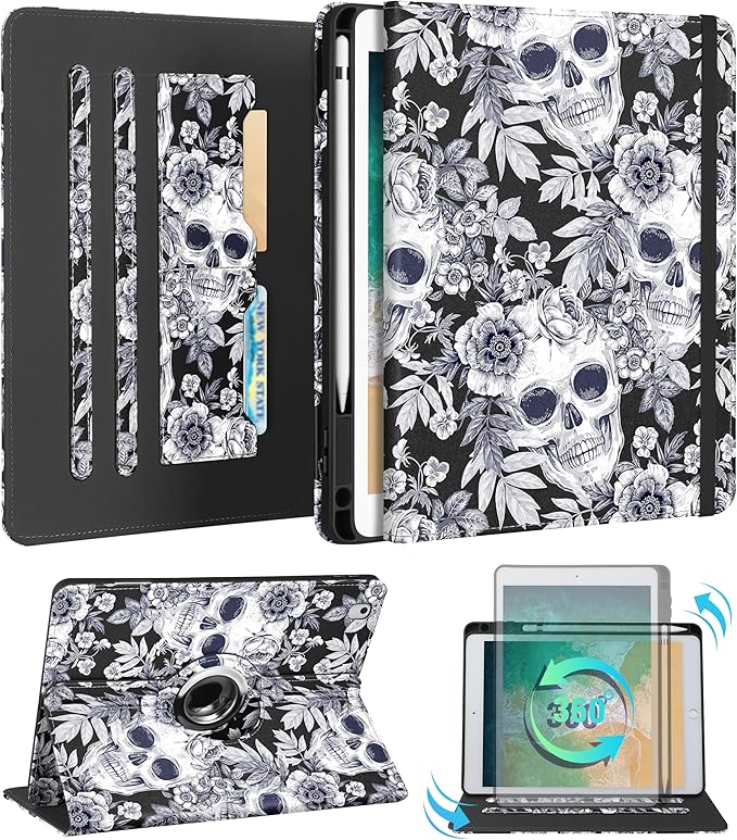 Kidcube for iPad 5th Generation Case 2017/Air 1st 2013/Pro 9.7 Inch Case 2016 - Women Girls Kids Cute Rotating Stand Folio Cover with Pencil Holder & Card Slot Flowers Goth Skull Unique Design Cover