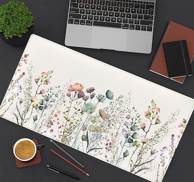 Floral Desk Mat Beige Boho Desk Pad, Large Extend Mouse Pad XXL, Cute Minimalist Flowers Keyboard Mat, Esthetics Desktop Mat Laptop Wireless Mouse Mat for Desk, Gift for Women 31.5"x15.75"