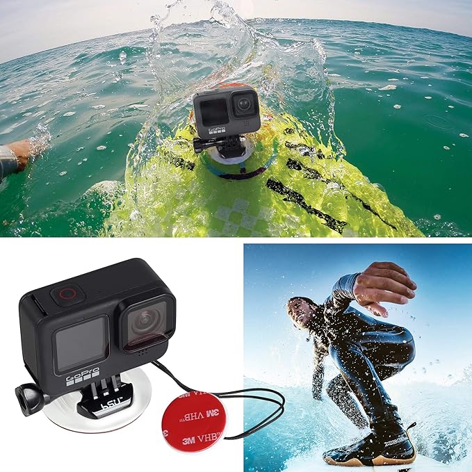HSU Surf Mounts and Accessories for Ski, Snorkeling, Surfing, Wakeboarding Fitting GoPro Hero 13,12,11,10,9,8,7,6,5 Black, Silver, AKASO Campark, and Other Action Cameras (Surfing Kit)