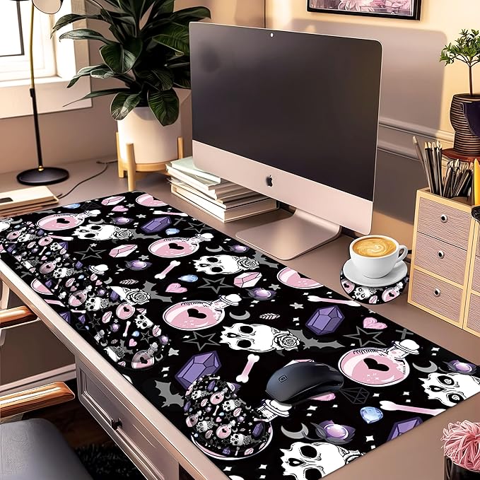 Large Gaming Mouse Pad Set 35.4 x 15.7 with Keyboard Wrist Rest, Wrist Support, and Coaster Memory Foam Smooth Desk Pad Mousepad for Home Office School - Skull Goth Magic Cute Witchy