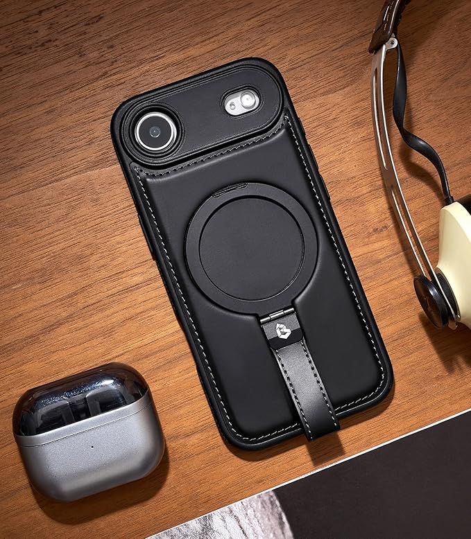 Butaiga for iPhone Air Leather Case with Stand, Anti-Slip Grip Ring, Fits for MagSafe (Black, iPhone Air)