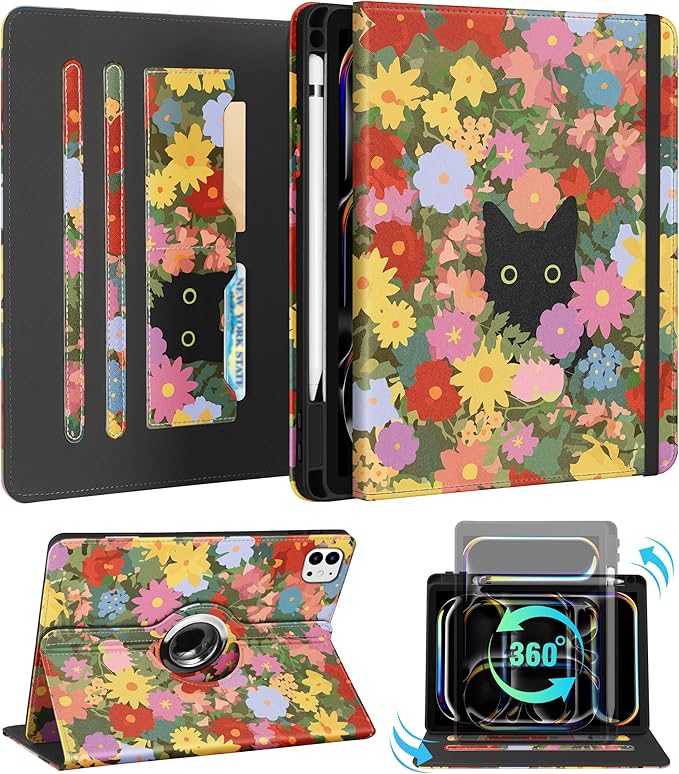 Kidcube for iPad Pro 11 Inch Case M4 2024 5th Generation - Women Girls Cute Rotating Stand Folio Cover with Pencil Holder & Card Slot Kawaii Cat Flower Design for iPad Pro 11'' Case 2024 M4 5th Gen