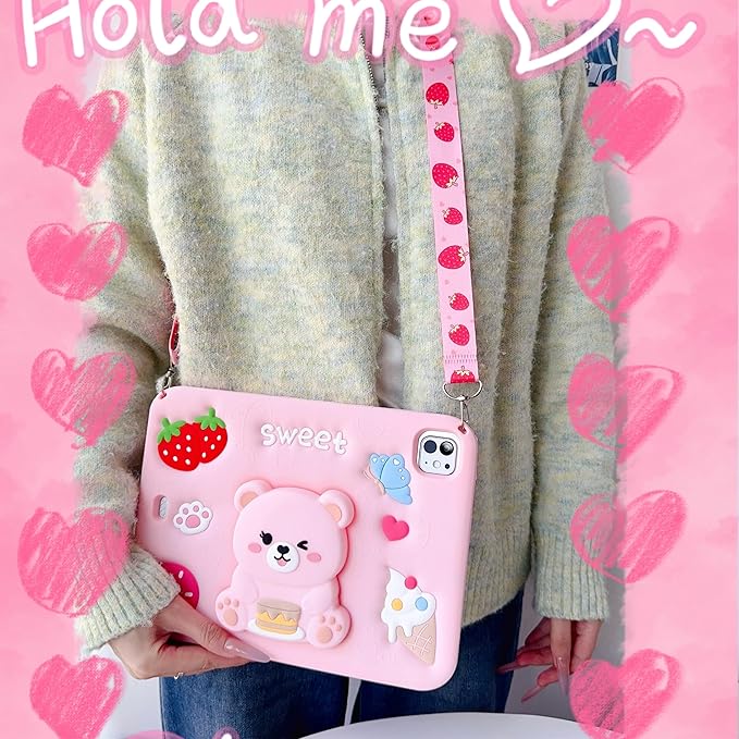 Girls Case for iPad Air 11 inch M3 (2025) / M2 (2024), iPad Air 5th/4th 10.9 inch(2022/2020), iPad Pro 11 inch(2024-2018),Cute Soft Silicone Shockproof Cover with Pencil Holder