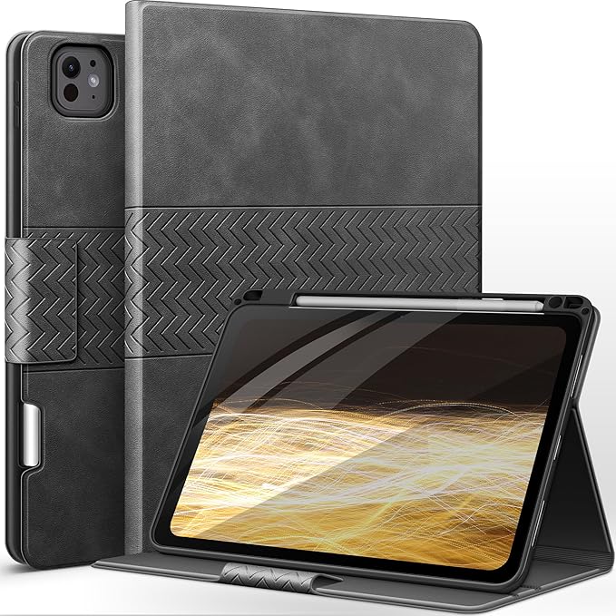 auaua Case for iPad Pro 11 Inch (M5/M4) 2025/2024, PU Leather Case with Pencil Holder, Supports Pencil Pro and Pencil(USB-C), Adjustable Angles, Auto Sleep/Wake (Grey)