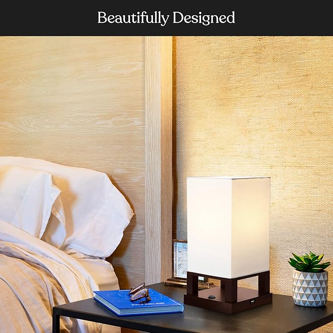 Brightech Maxwell Bedside Lamp with USB Port – Compact Table Lamp for Bedroom, Living Room - Modern Asian Nightstand Lamp with Wood Frame - LED Bulb, Soft Light - Havana Brown